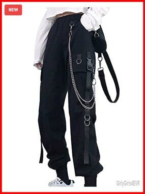 Women's High Waisted Baggy Cargo Pants with Chain Pockets